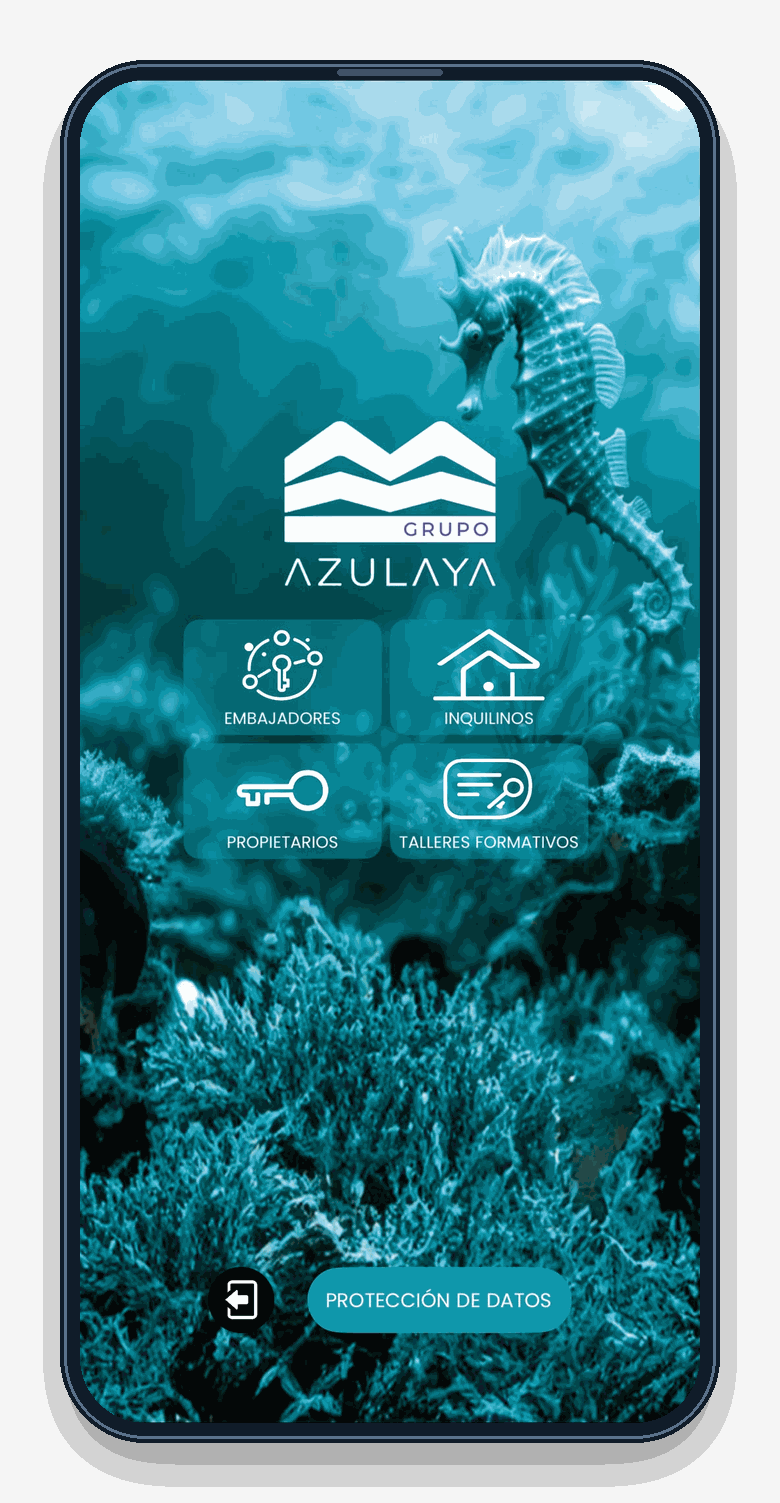 Pantalla de la app de Azulaya con los perfiles de inquilinos, propietarios, embajadores y talleres formativos